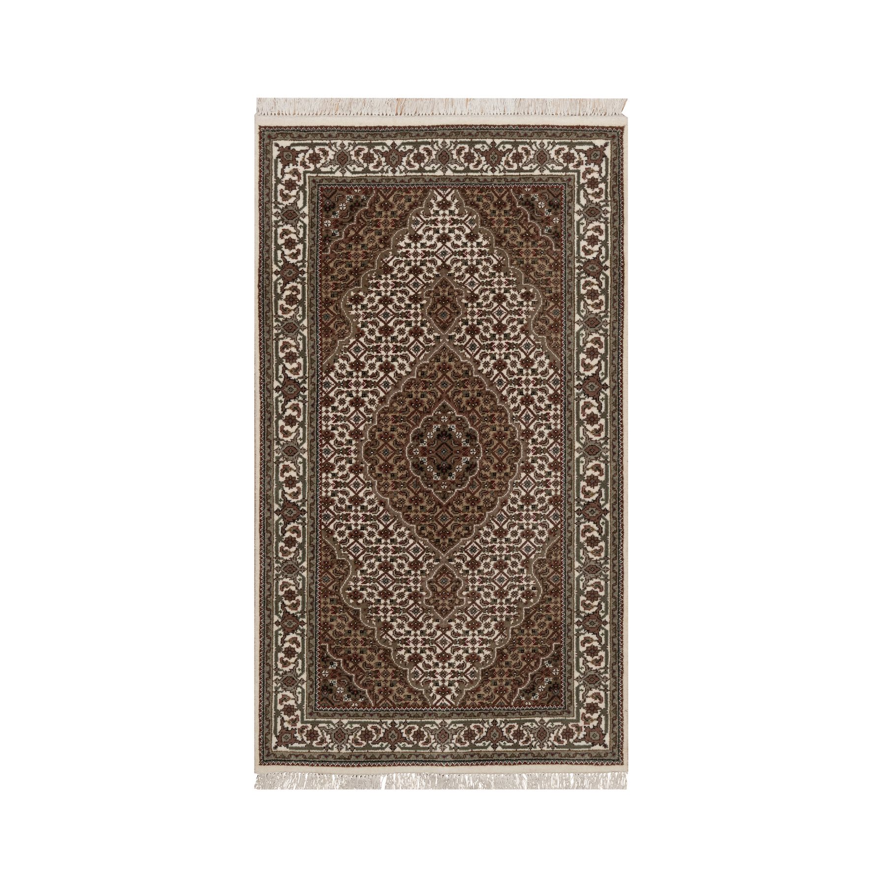 Pearl White, 175 KPSI, Tabriz Mahi with Fish Medallion Design, 100% Wool, Hand Knotted, Oriental Rug